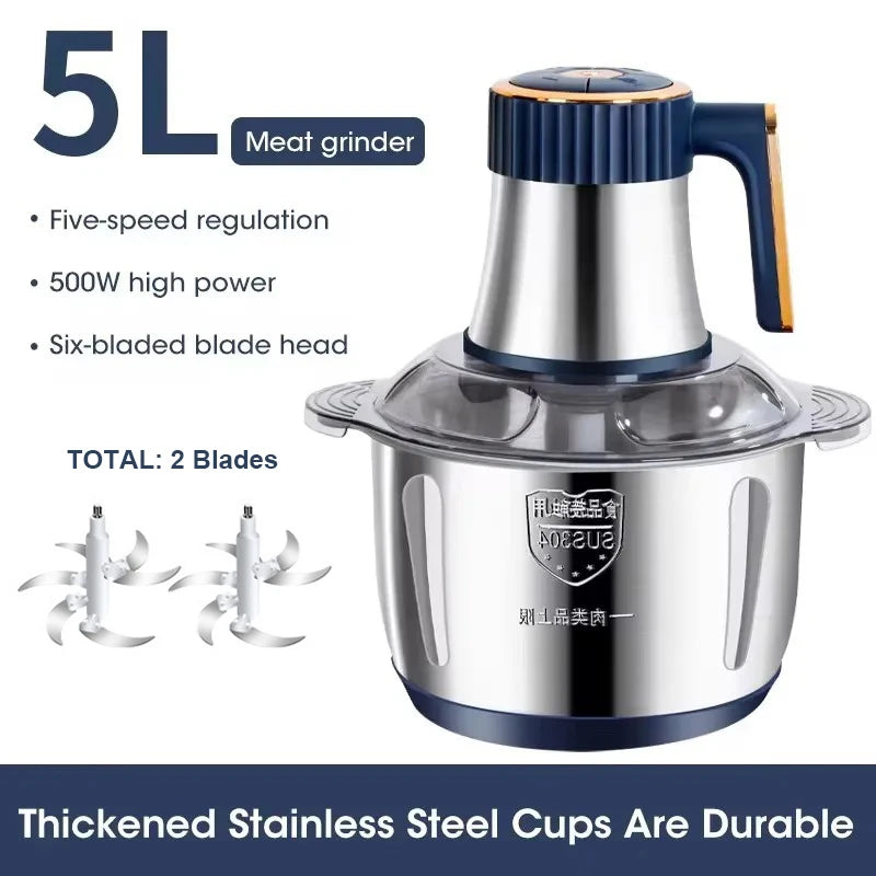 500W Electric Meat Grinder & Food Processor – 5L Stainless Steel, 5-Speed Mincer & Blender