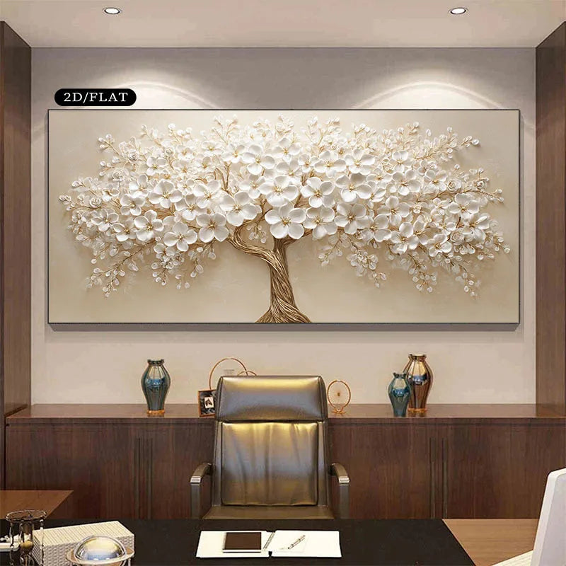 Large White Flower Nordic Tree Life Canvas Print Beige Golden Branch Plant Wall Art Poster for Modern Living Room Home Decor
