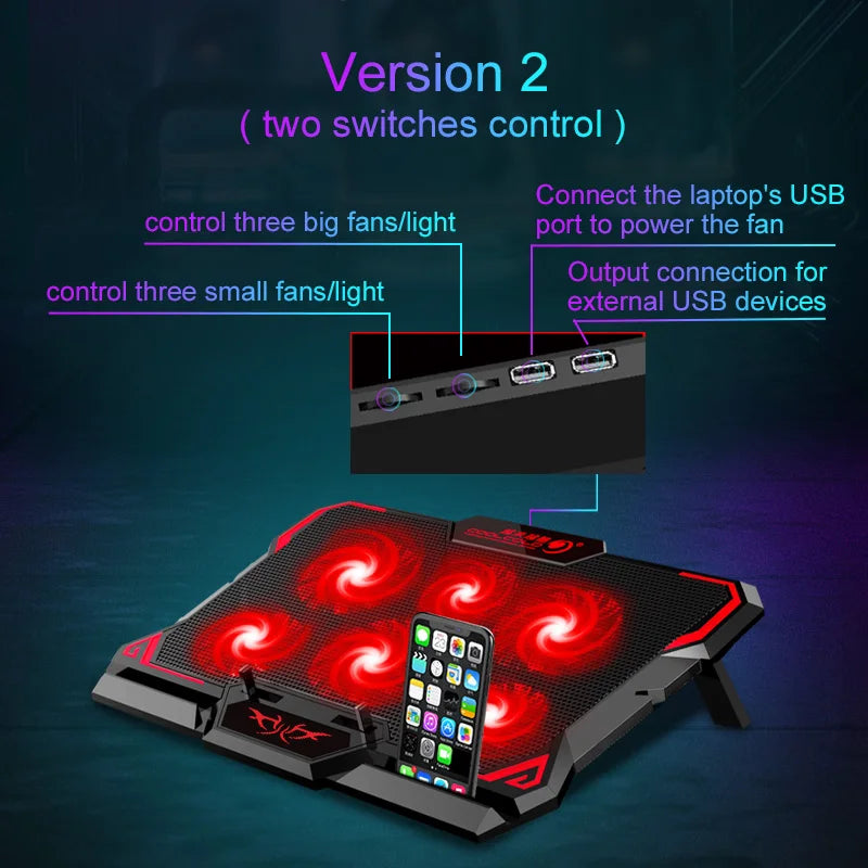 17" Gaming Laptop Cooling Pad – 6 LED Fans, 2600 RPM, Dual USB Ports | Notebook Stand & Cooler