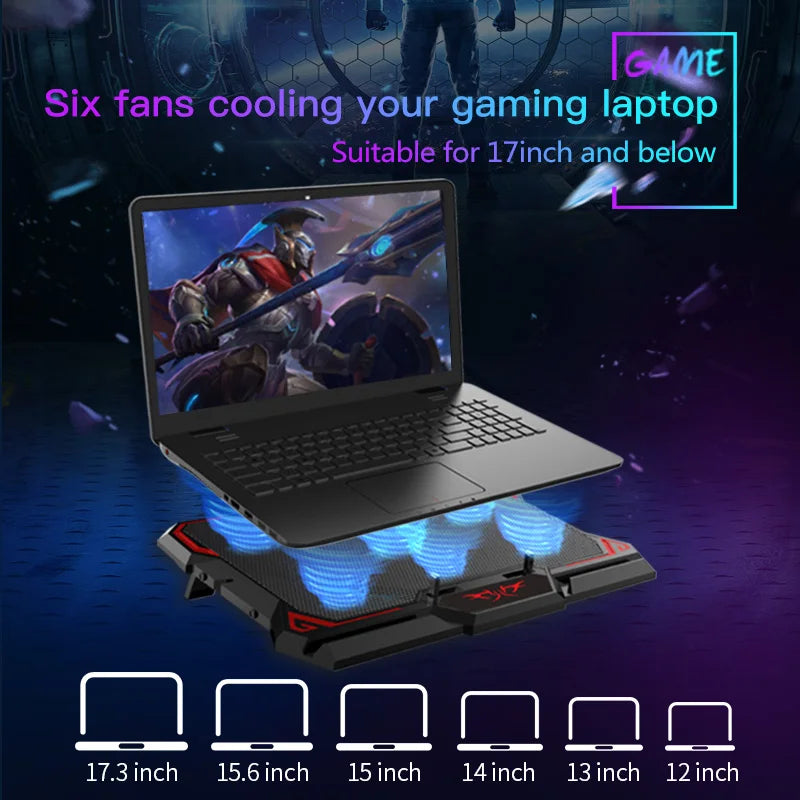 17" Gaming Laptop Cooling Pad – 6 LED Fans, 2600 RPM, Dual USB Ports | Notebook Stand & Cooler