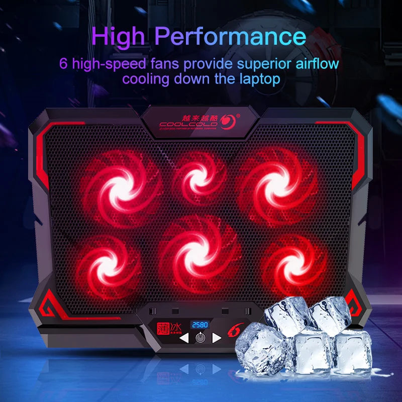 17" Gaming Laptop Cooling Pad – 6 LED Fans, 2600 RPM, Dual USB Ports | Notebook Stand & Cooler