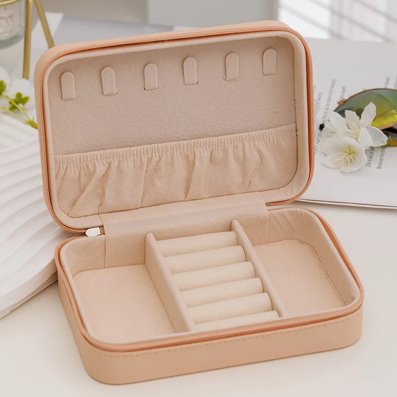 Fashion Women Portable Travel Jewelry Box PU Leather Necklace Ring Earrings Zipper Stotage Boxes Jewelry Display Cases Organizer