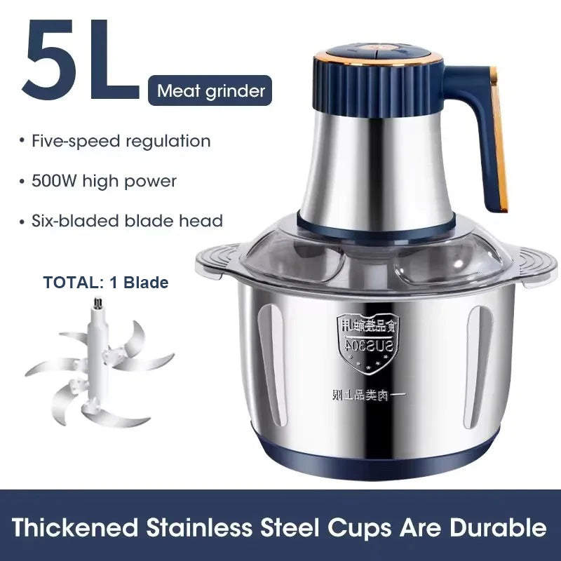 500W Electric Meat Grinder & Food Processor – 5L Stainless Steel, 5-Speed Mincer & Blender
