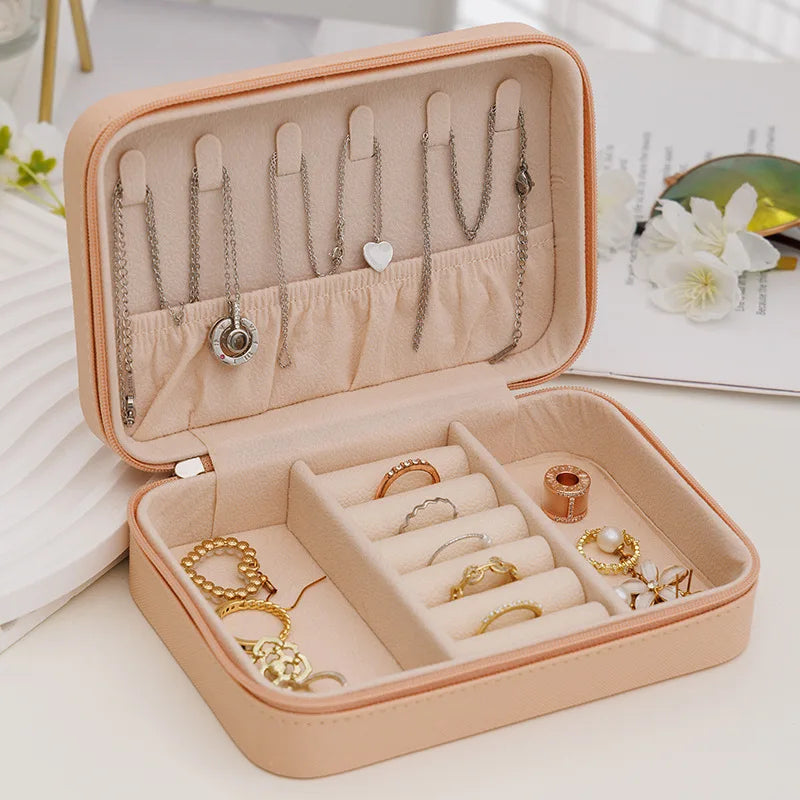 Fashion Women Portable Travel Jewelry Box PU Leather Necklace Ring Earrings Zipper Stotage Boxes Jewelry Display Cases Organizer