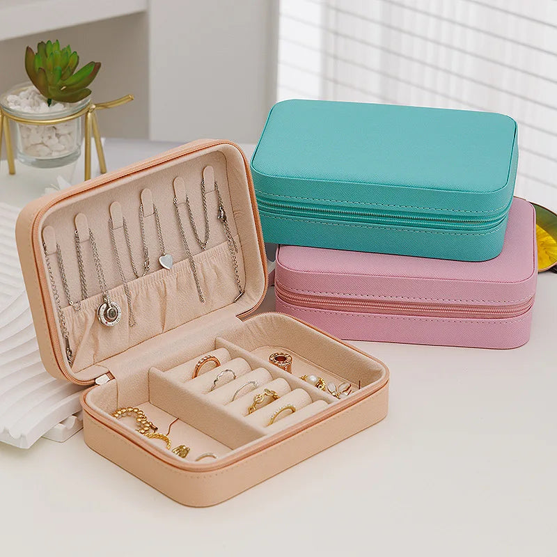 Fashion Women Portable Travel Jewelry Box PU Leather Necklace Ring Earrings Zipper Stotage Boxes Jewelry Display Cases Organizer