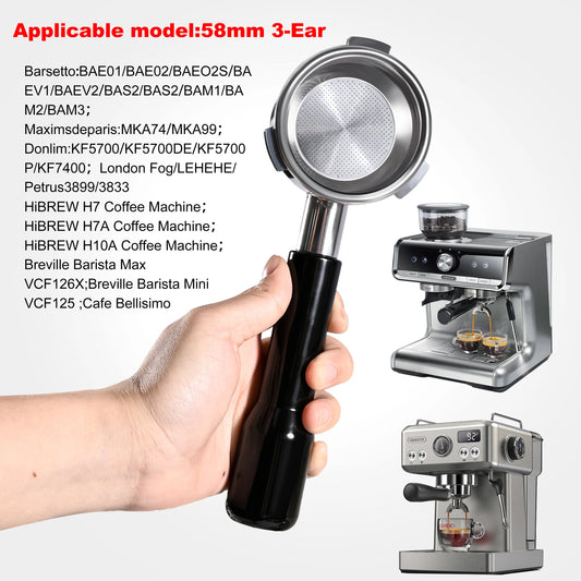 58mm Bottomless Portafilter – 3-Ear, Compatible with HiBREW H7, Breville Barista & More