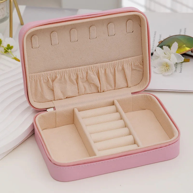 Fashion Women Portable Travel Jewelry Box PU Leather Necklace Ring Earrings Zipper Stotage Boxes Jewelry Display Cases Organizer