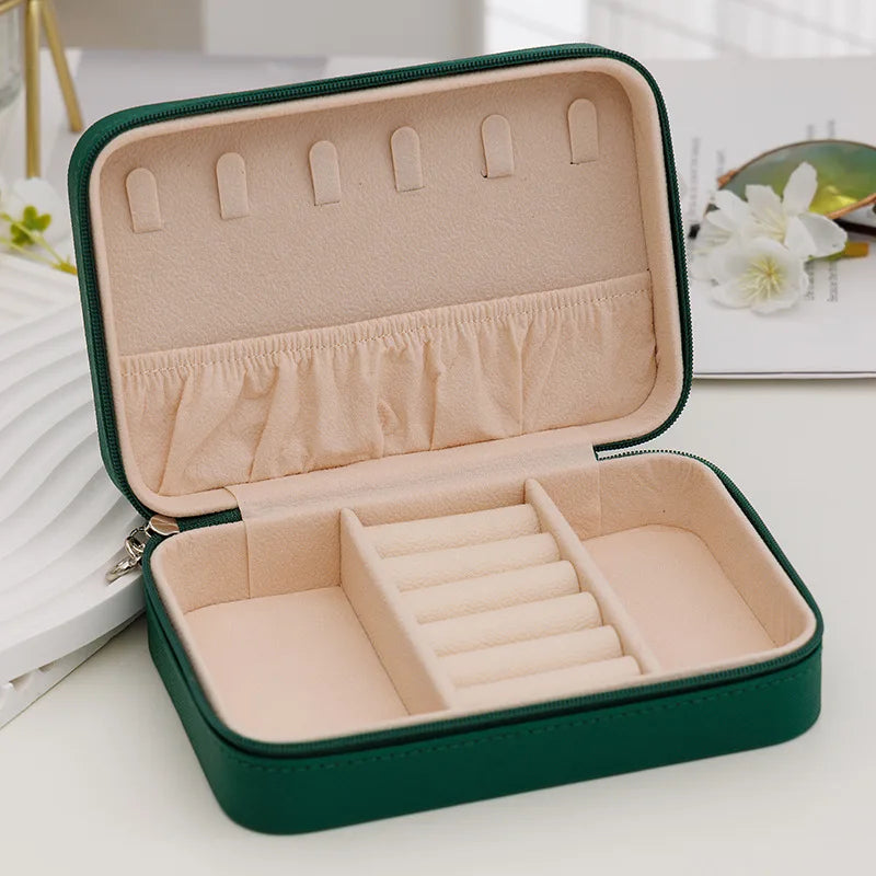 Fashion Women Portable Travel Jewelry Box PU Leather Necklace Ring Earrings Zipper Stotage Boxes Jewelry Display Cases Organizer