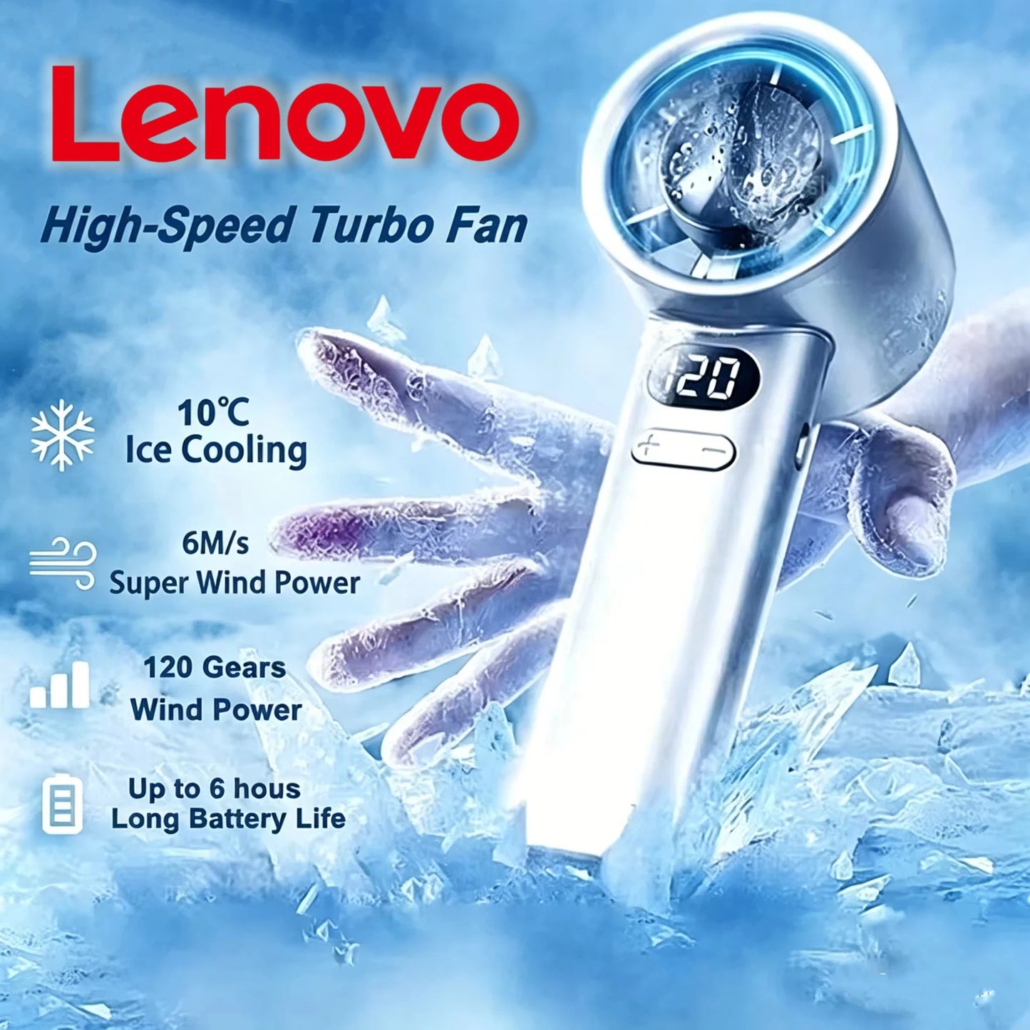 USB Rechargeable Handheld Cool Fan – 6000mAh, LED Display, High-Speed Ice Compress Cooling