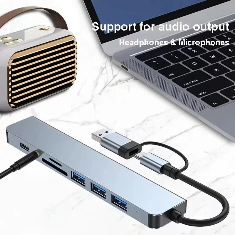 8-in-1 USB-C Hub — 4 USB, SD/TF & Audio | MacBook Ready