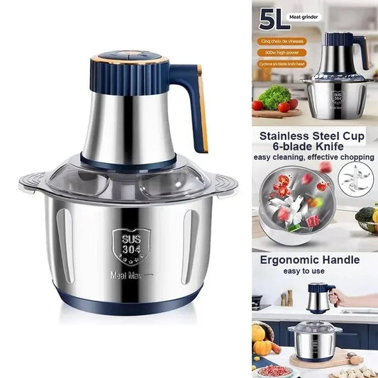 500W Electric Meat Grinder & Food Processor – 5L Stainless Steel, 5-Speed Mincer & Blender