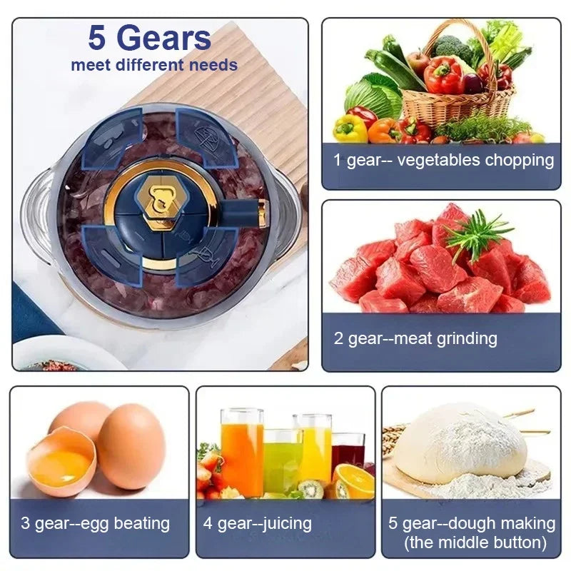 500W Electric Meat Grinder & Food Processor – 5L Stainless Steel, 5-Speed Mincer & Blender