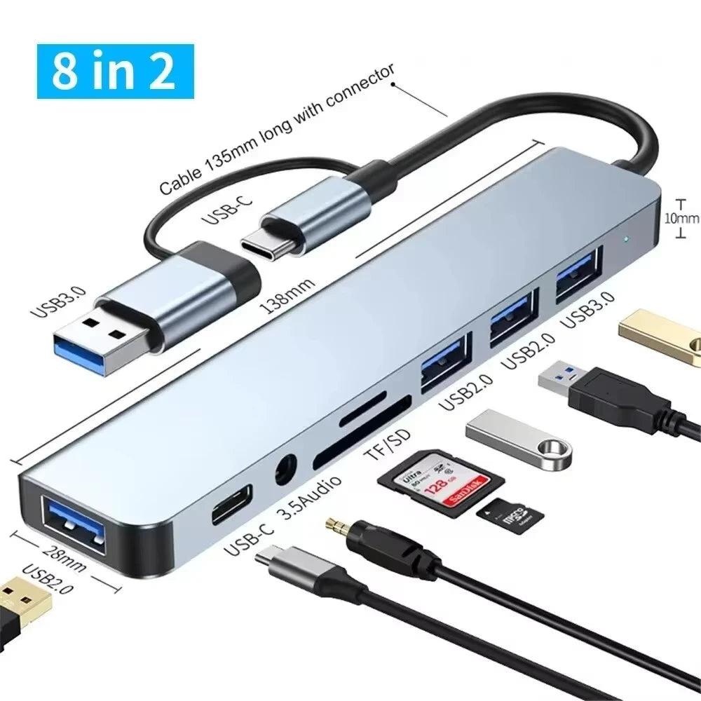 8-in-1 USB-C Hub — 4 USB, SD/TF & Audio | MacBook Ready